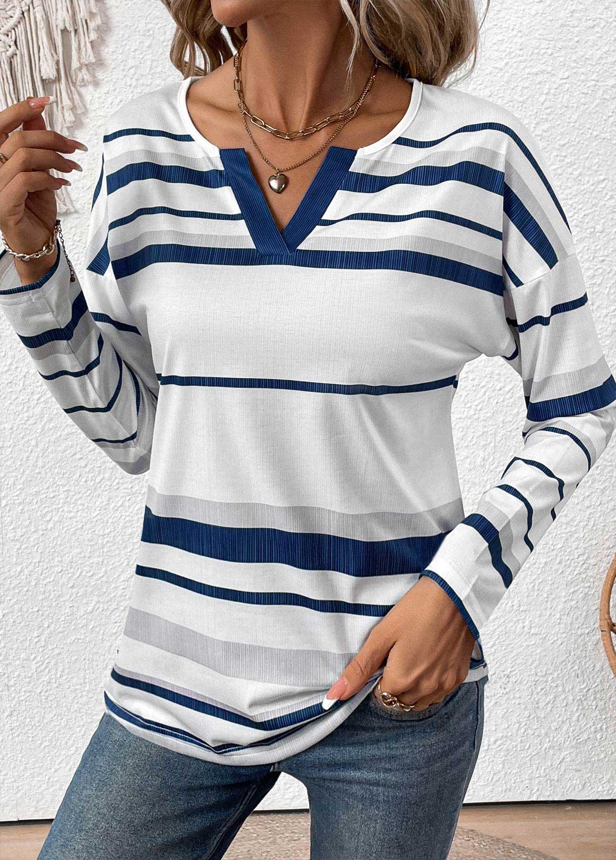 Plus Size White Patchwork Striped Long Sleeve T Shirt | picture 
