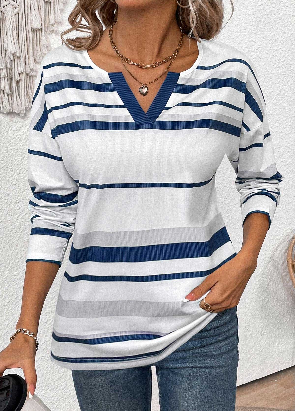 Plus Size White Patchwork Striped Long Sleeve T Shirt | picture 