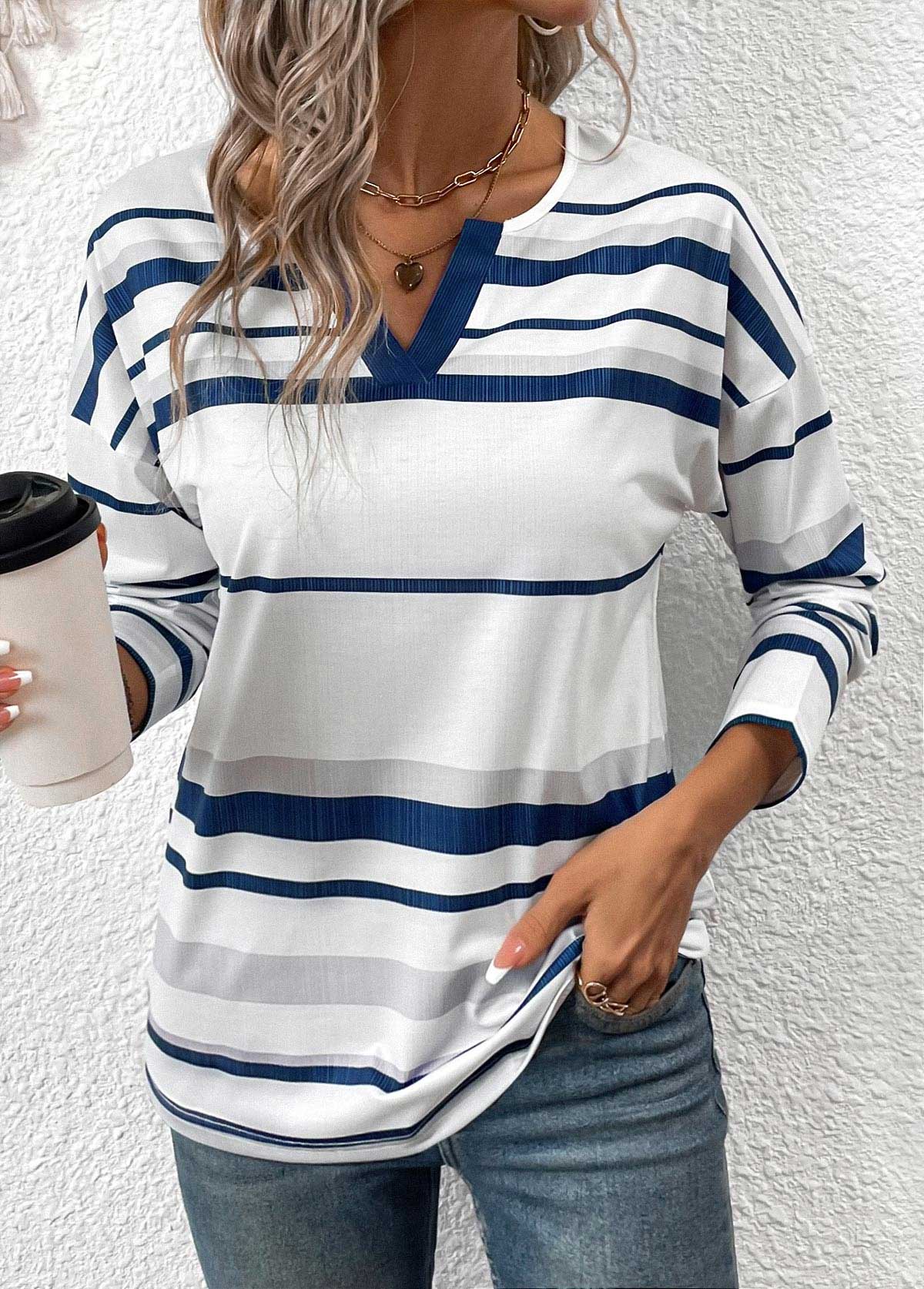Plus Size White Patchwork Striped Long Sleeve T Shirt | picture 