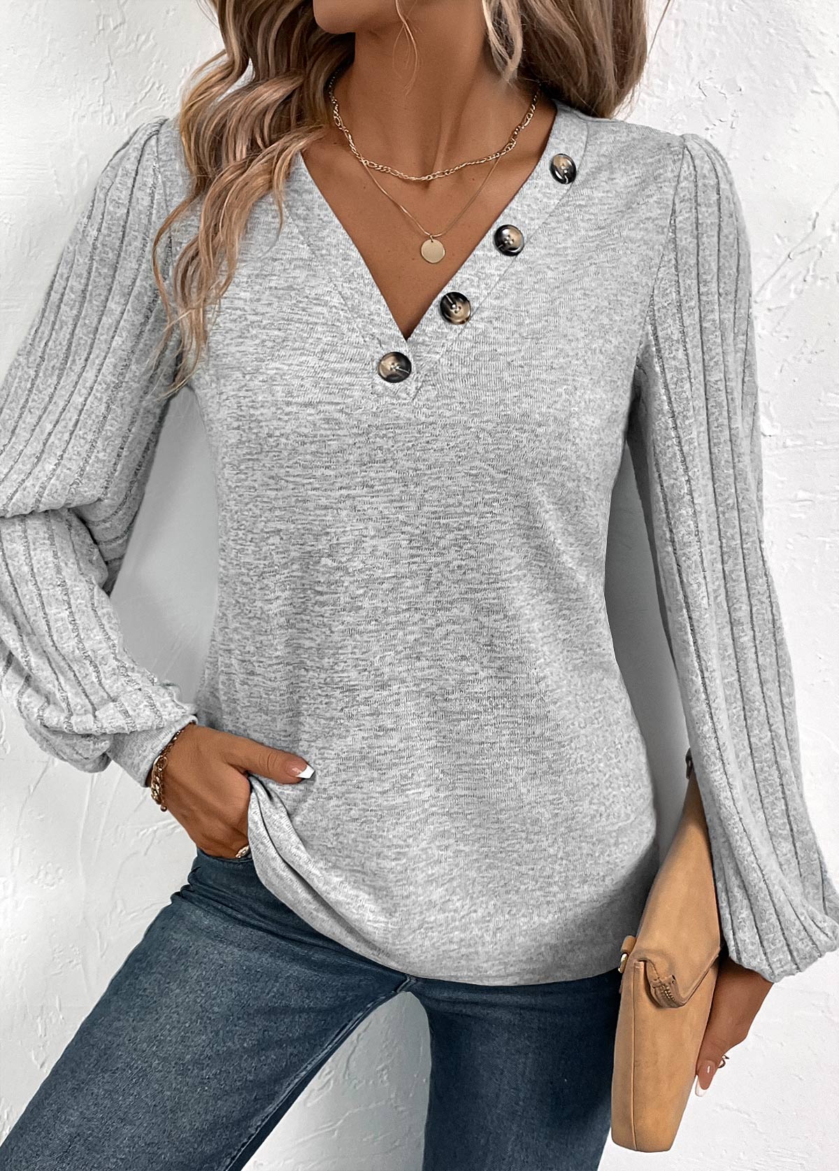 Plus Size Light Grey Patchwork Long Sleeve T Shirt | picture 