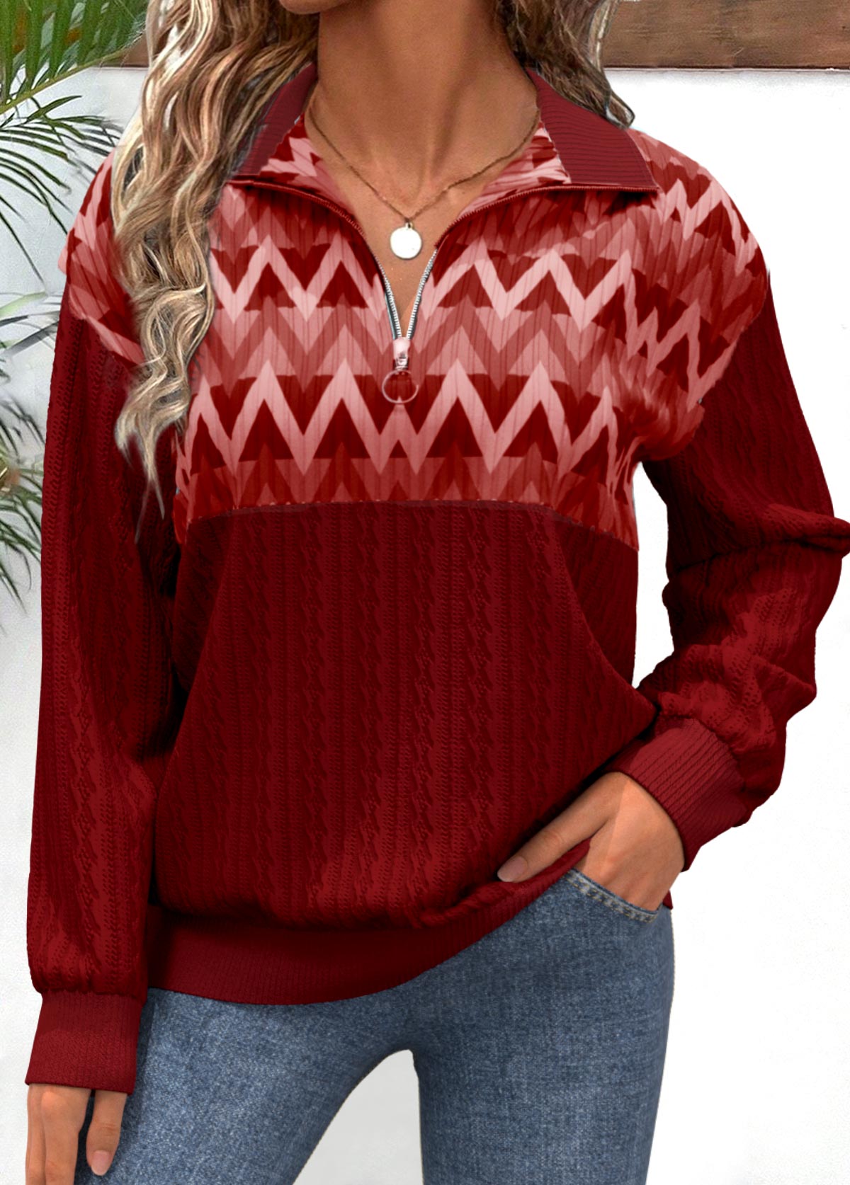 Modlily Red Zipper Geometric Print Long Sleeve V Neck Sweatshirt - XL