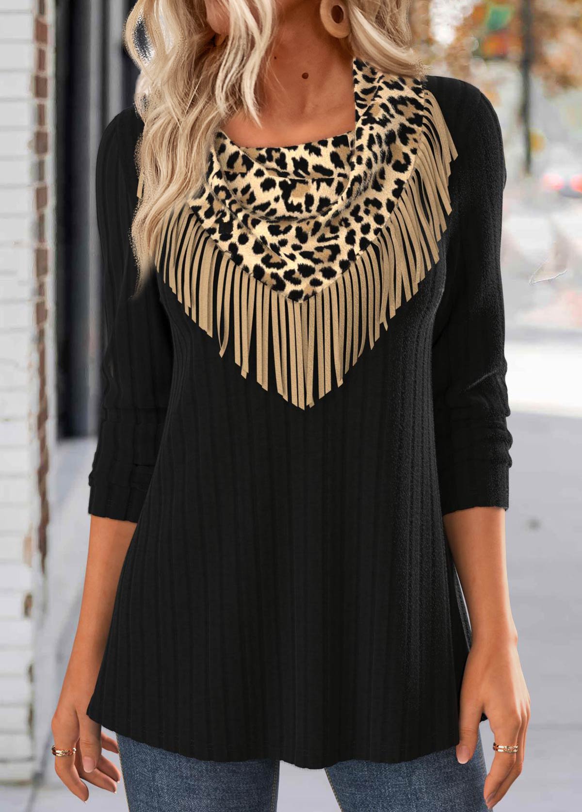 Modlily Black Tassel Leopard Long Sleeve T Shirt - XL