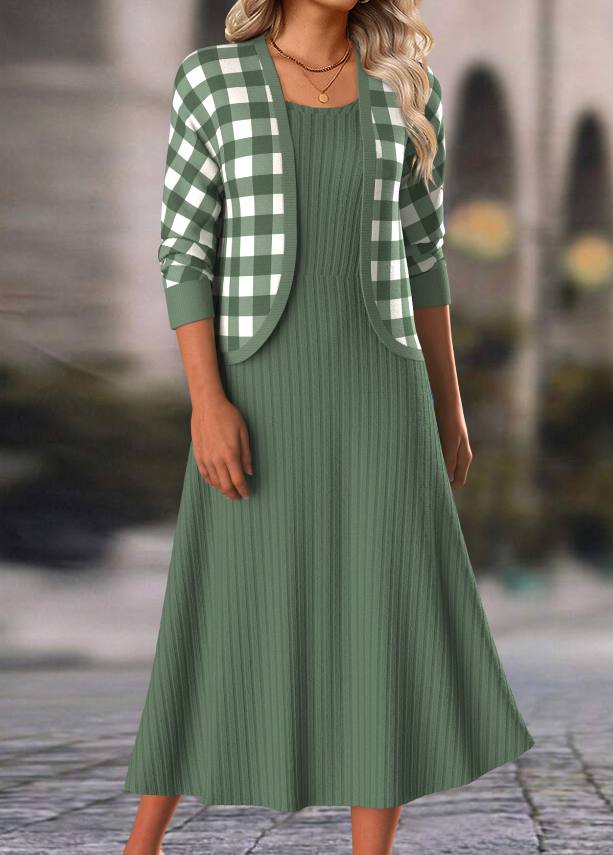 Sage Green Plaid Knit Two Piece Set Dress and Cardigan