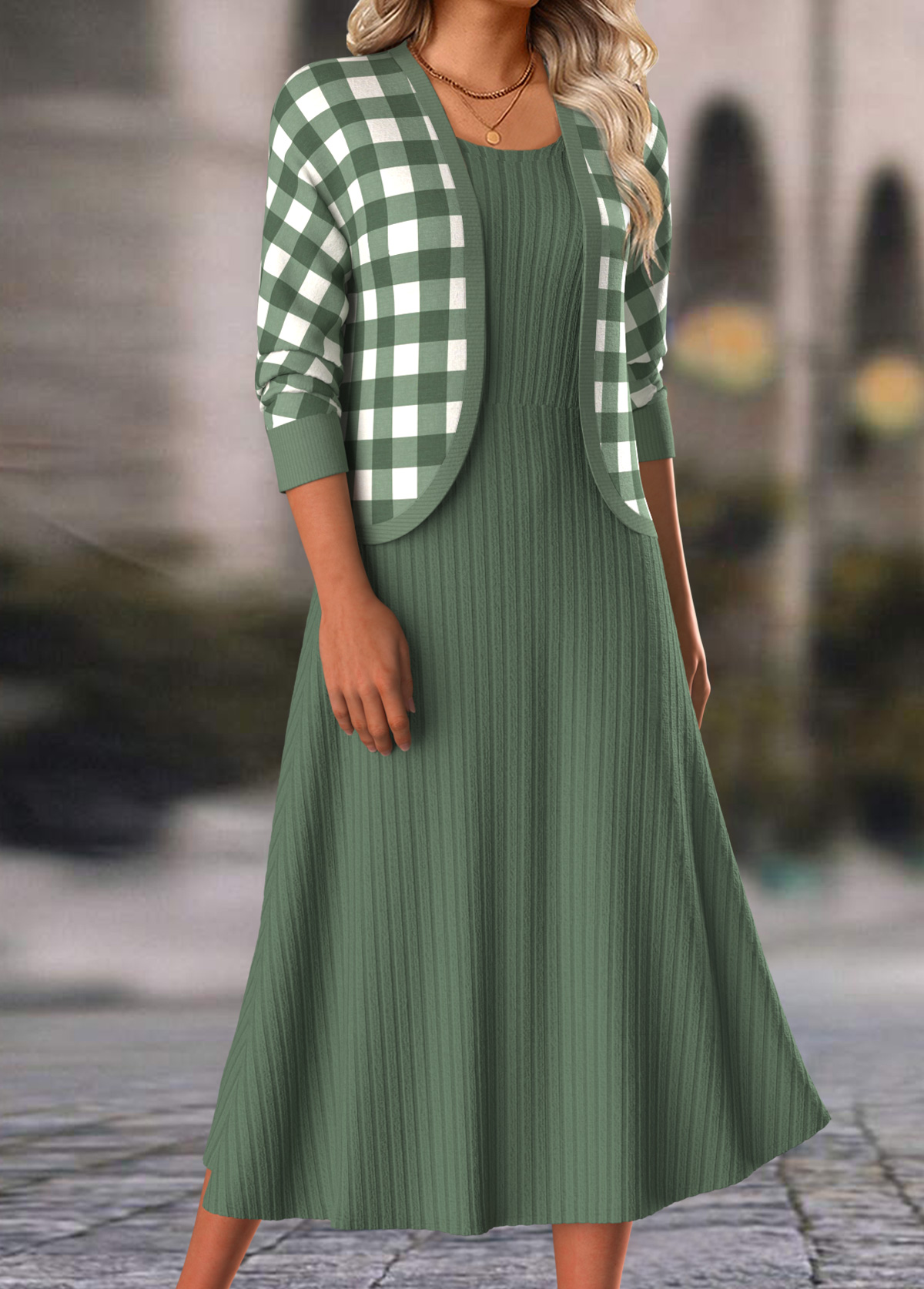 Sage Green Two Piece Plaid Dress and Cardigan | picture 