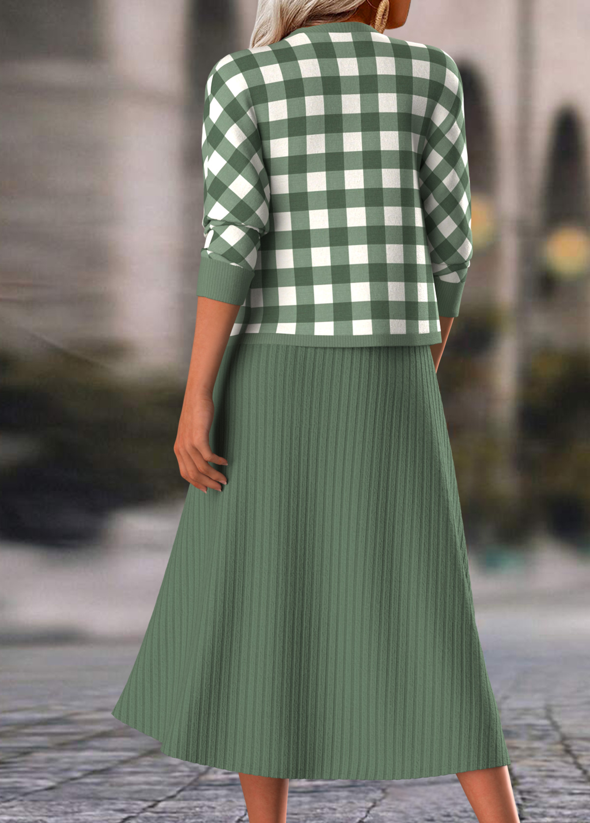 Sage Green Two Piece Plaid Dress and Cardigan | picture 