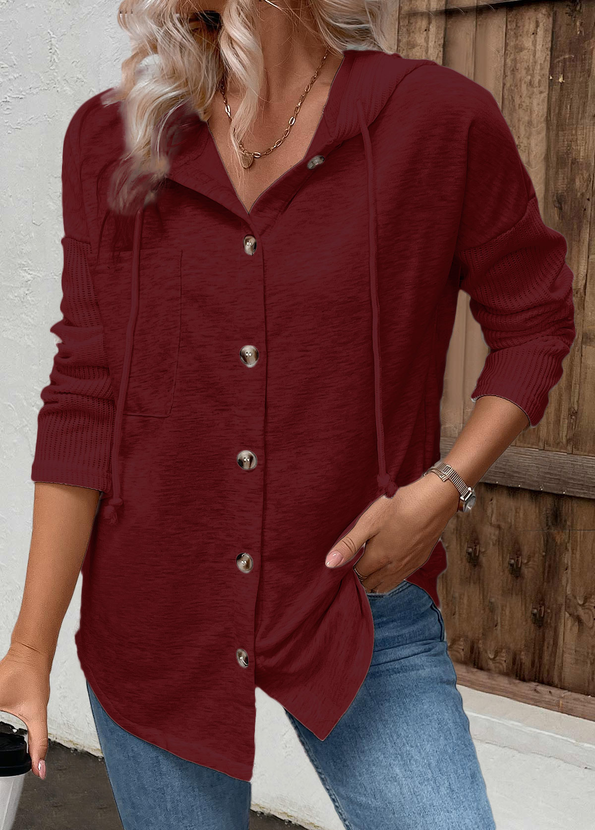 Wine Red Patchwork Long Sleeve Hoodie | picture 
