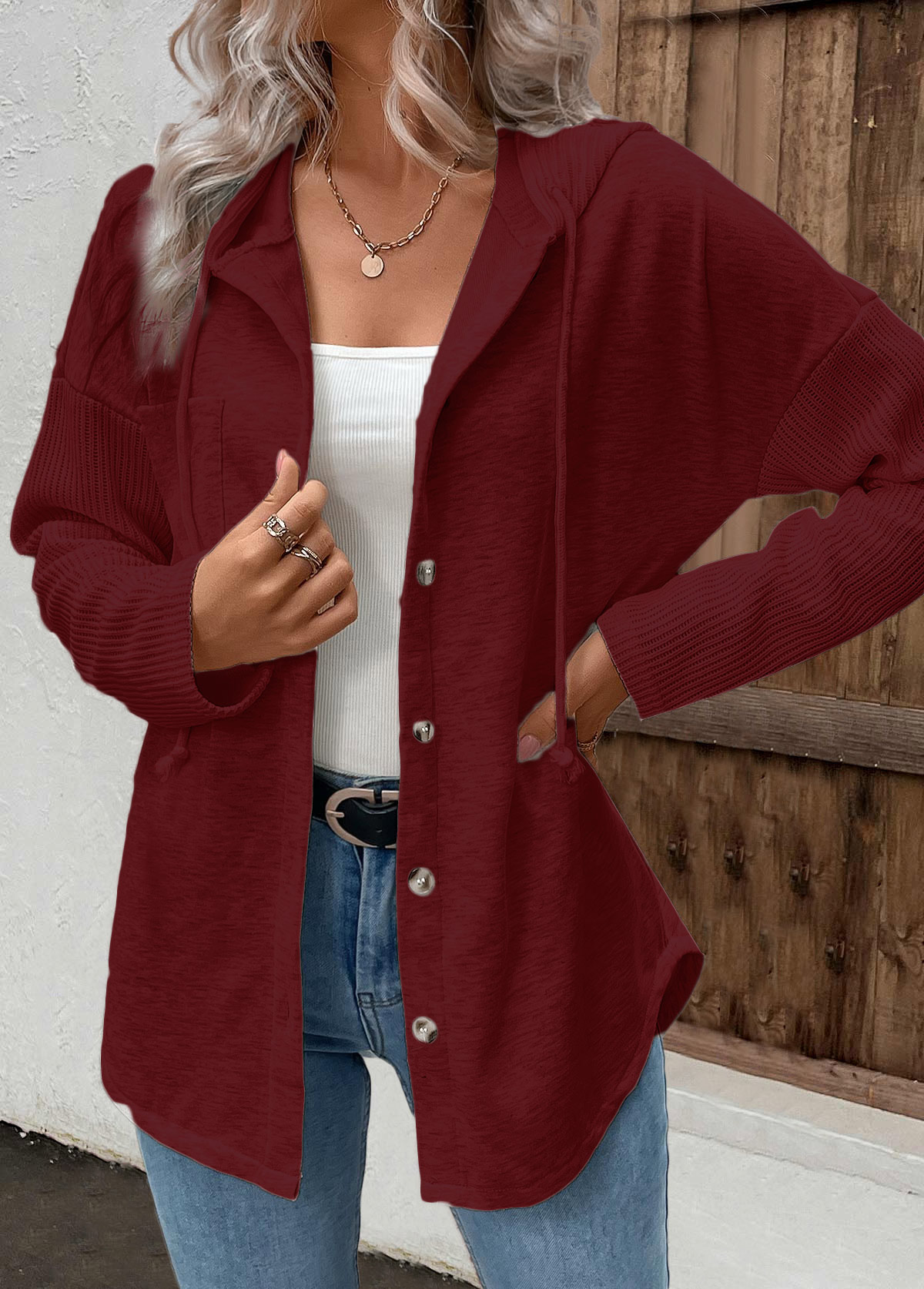Wine Red Patchwork Long Sleeve Hoodie | picture 