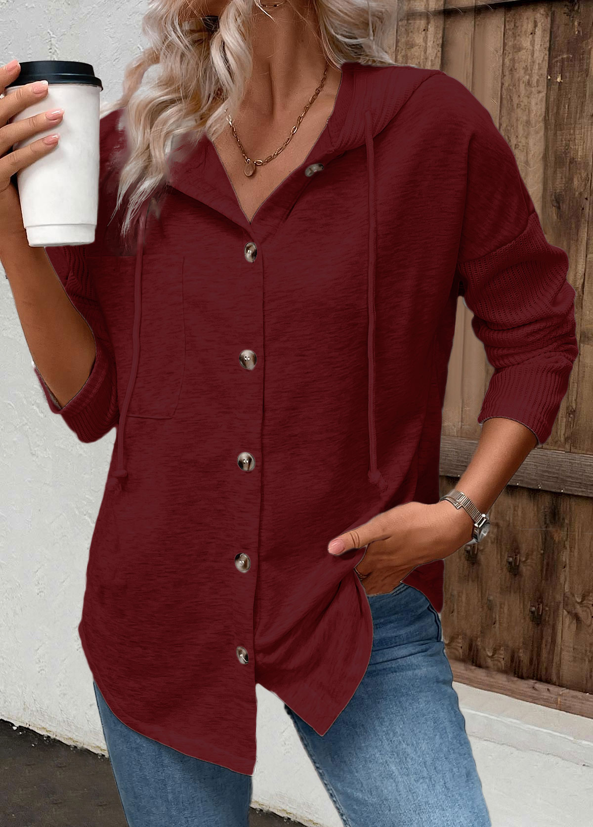 Wine Red Patchwork Long Sleeve Hoodie | picture 