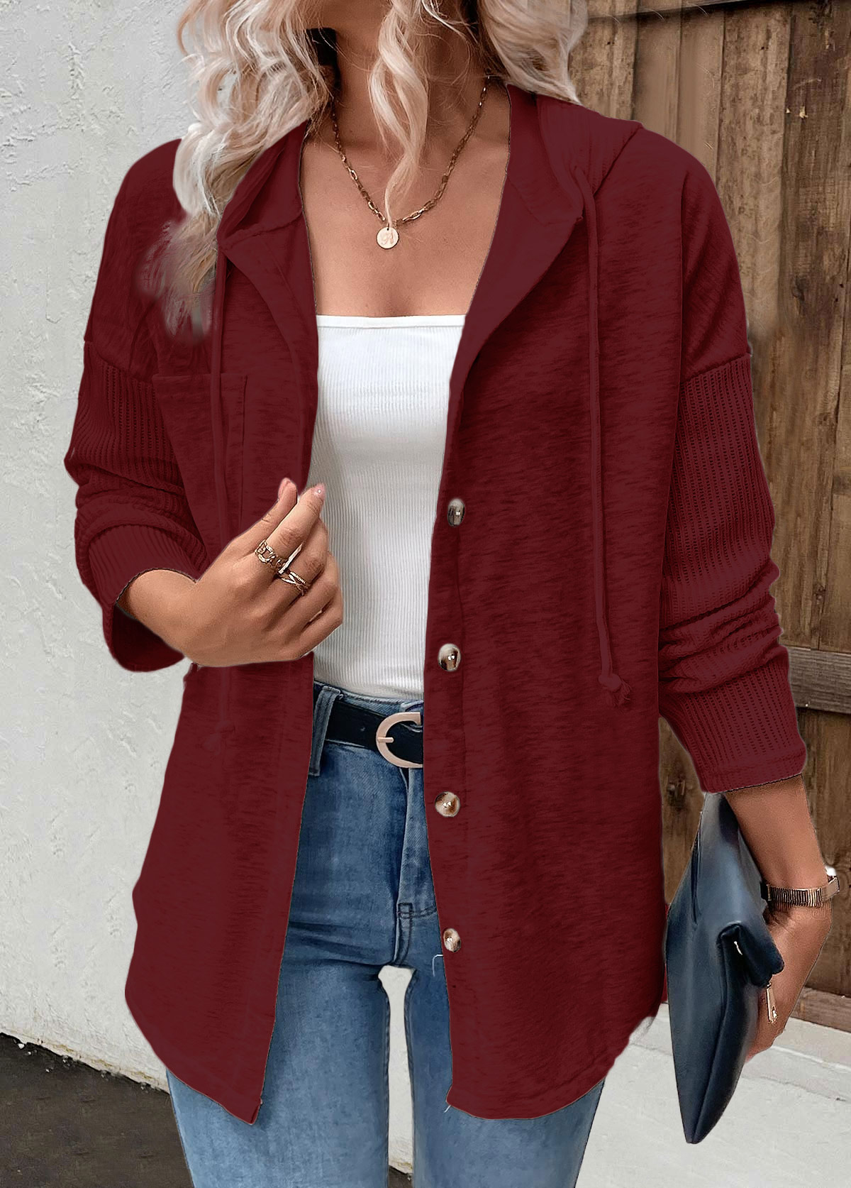 Wine Red Patchwork Long Sleeve Hoodie | picture 