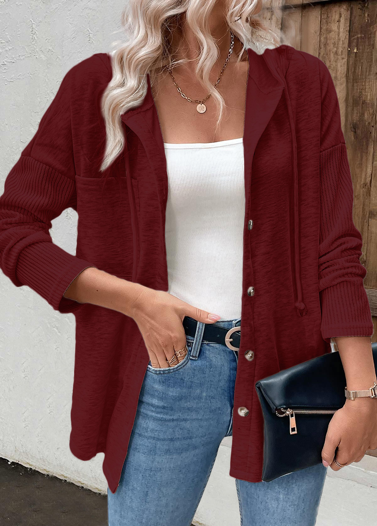 Wine Red Patchwork Long Sleeve Hoodie | picture 