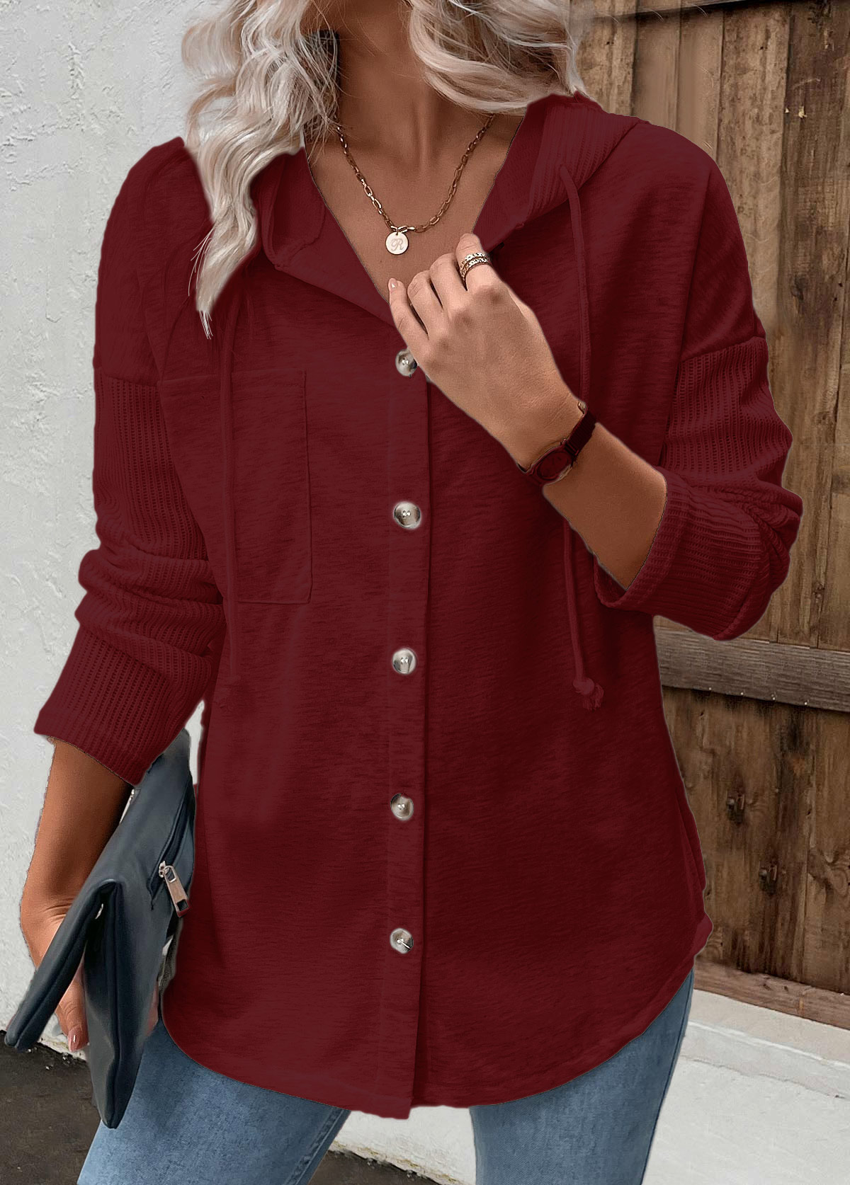 Wine Red Patchwork Long Sleeve Hoodie | picture 