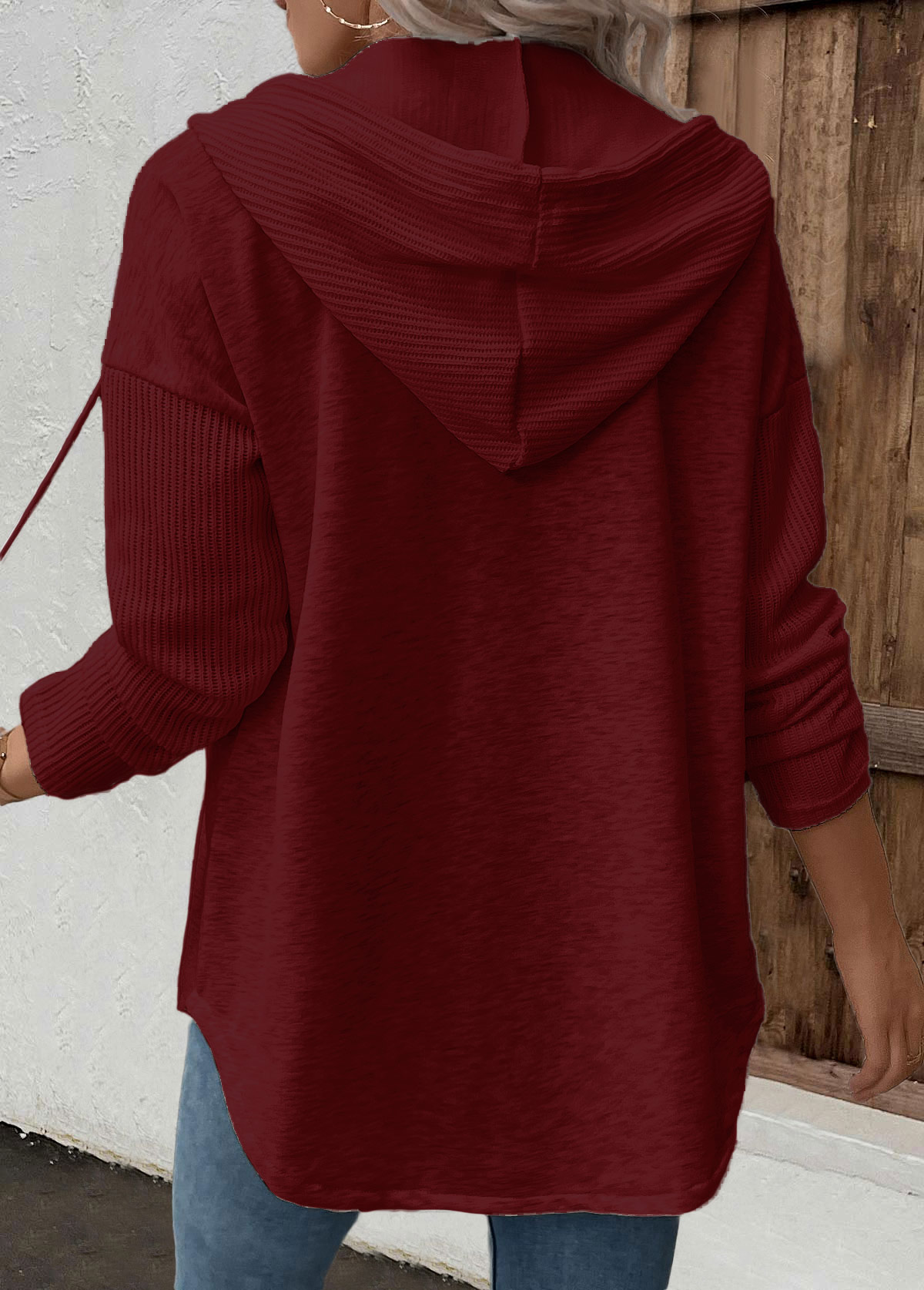 Wine Red Patchwork Long Sleeve Hoodie | picture 
