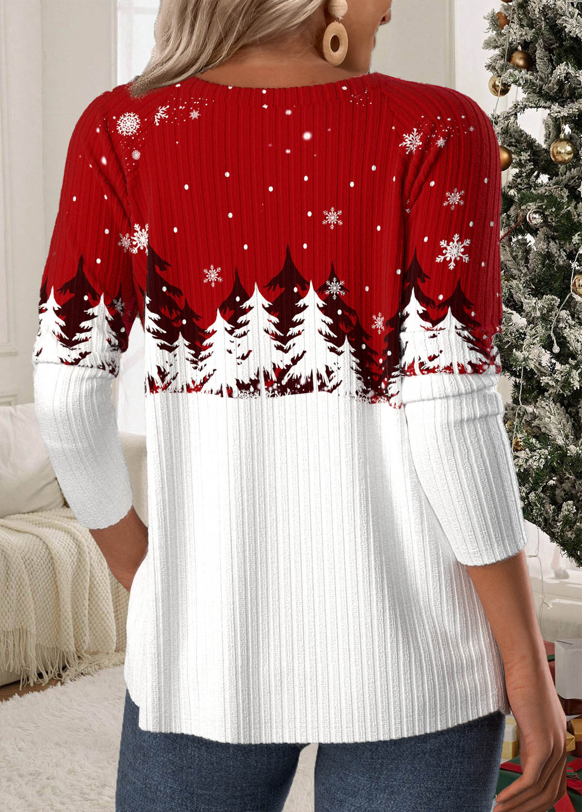 Christmas Wine Red Button Long Sleeve T Shirt | picture 