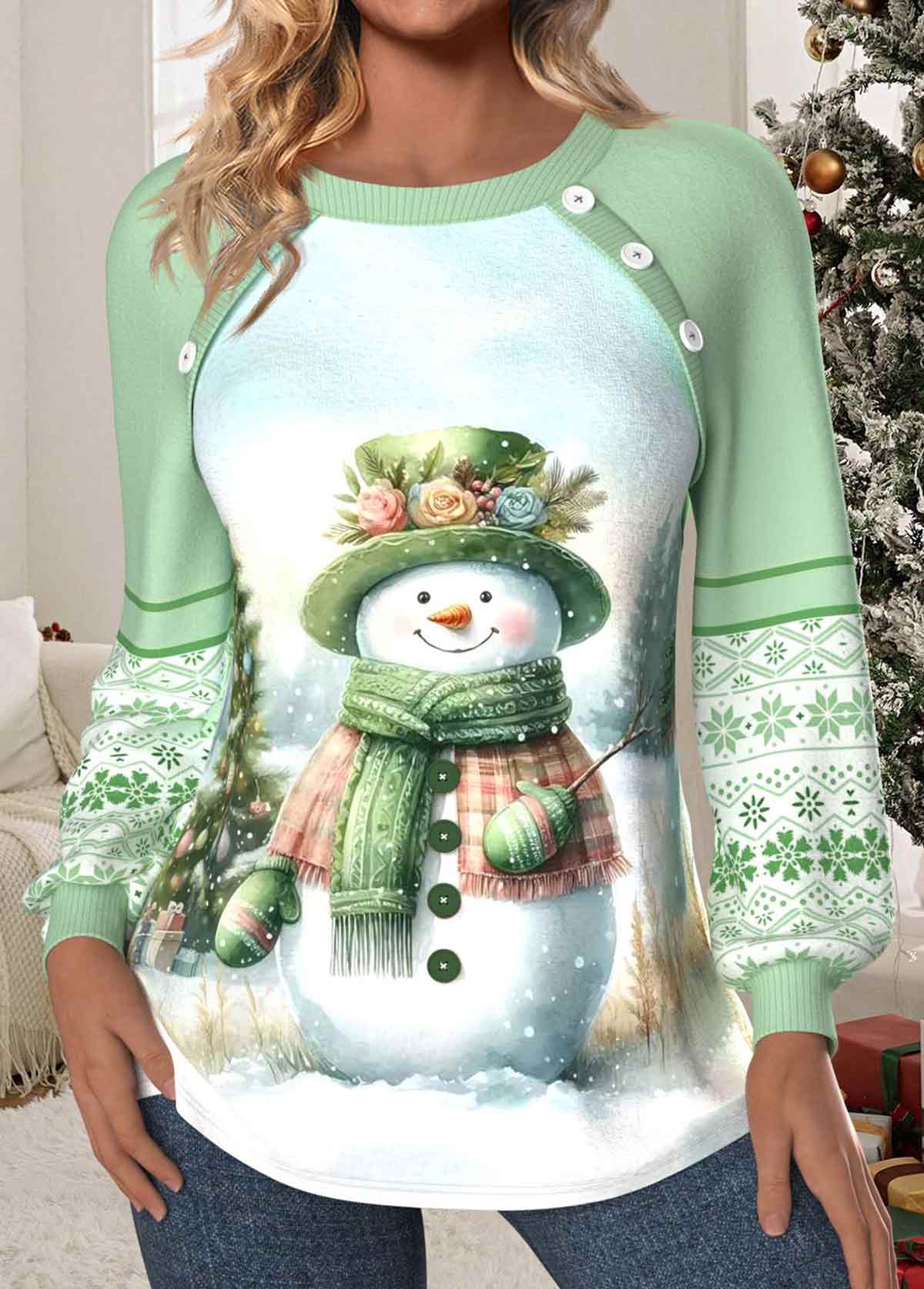 Christmas Light Green Patchwork Long Sleeve Round Neck Sweatshirt | picture 
