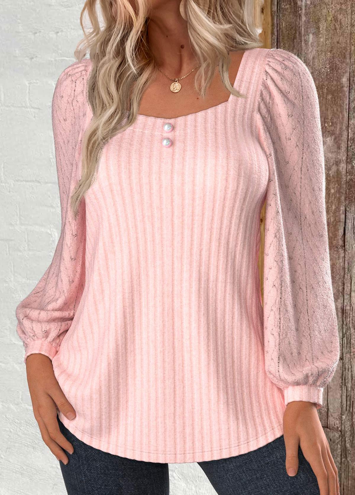 Light Pink Lace Long Sleeve Square Neck Sweatshirt | picture 