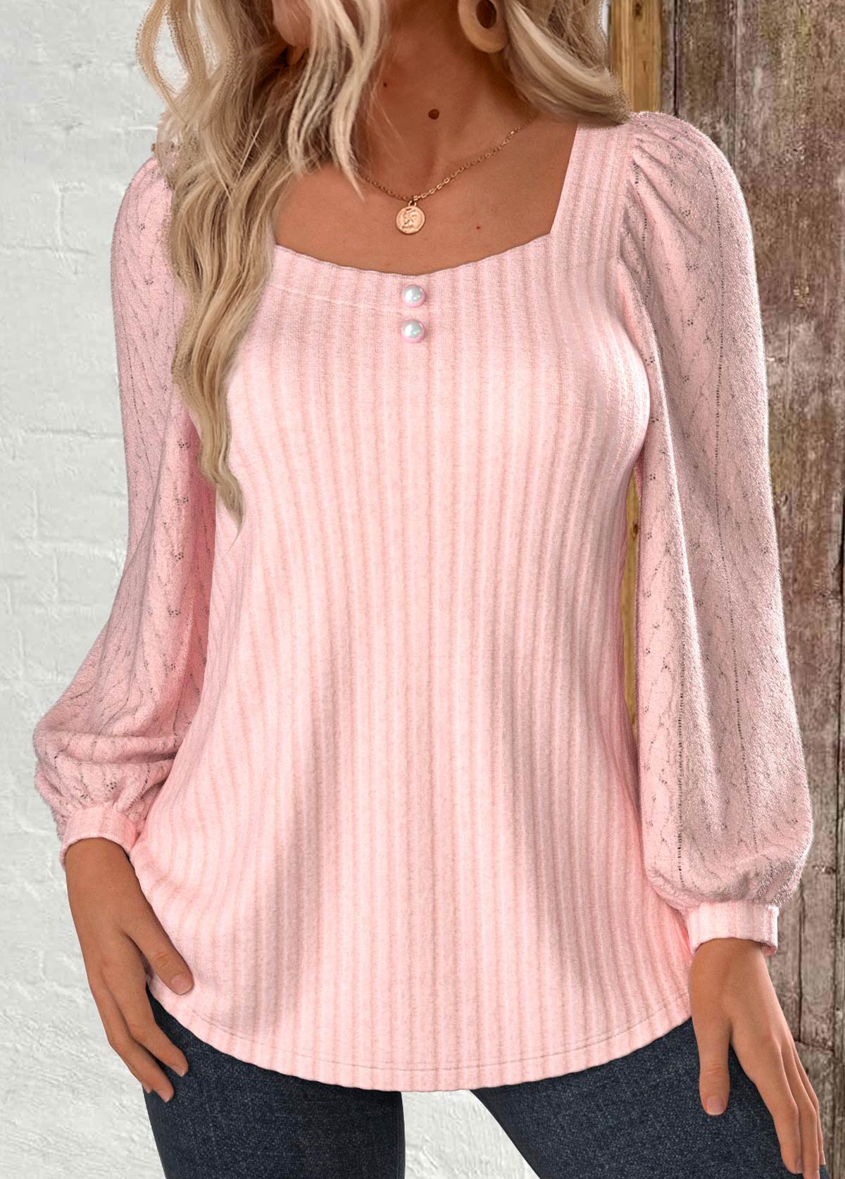 Light Pink Lace Long Sleeve Square Neck Sweatshirt | picture 