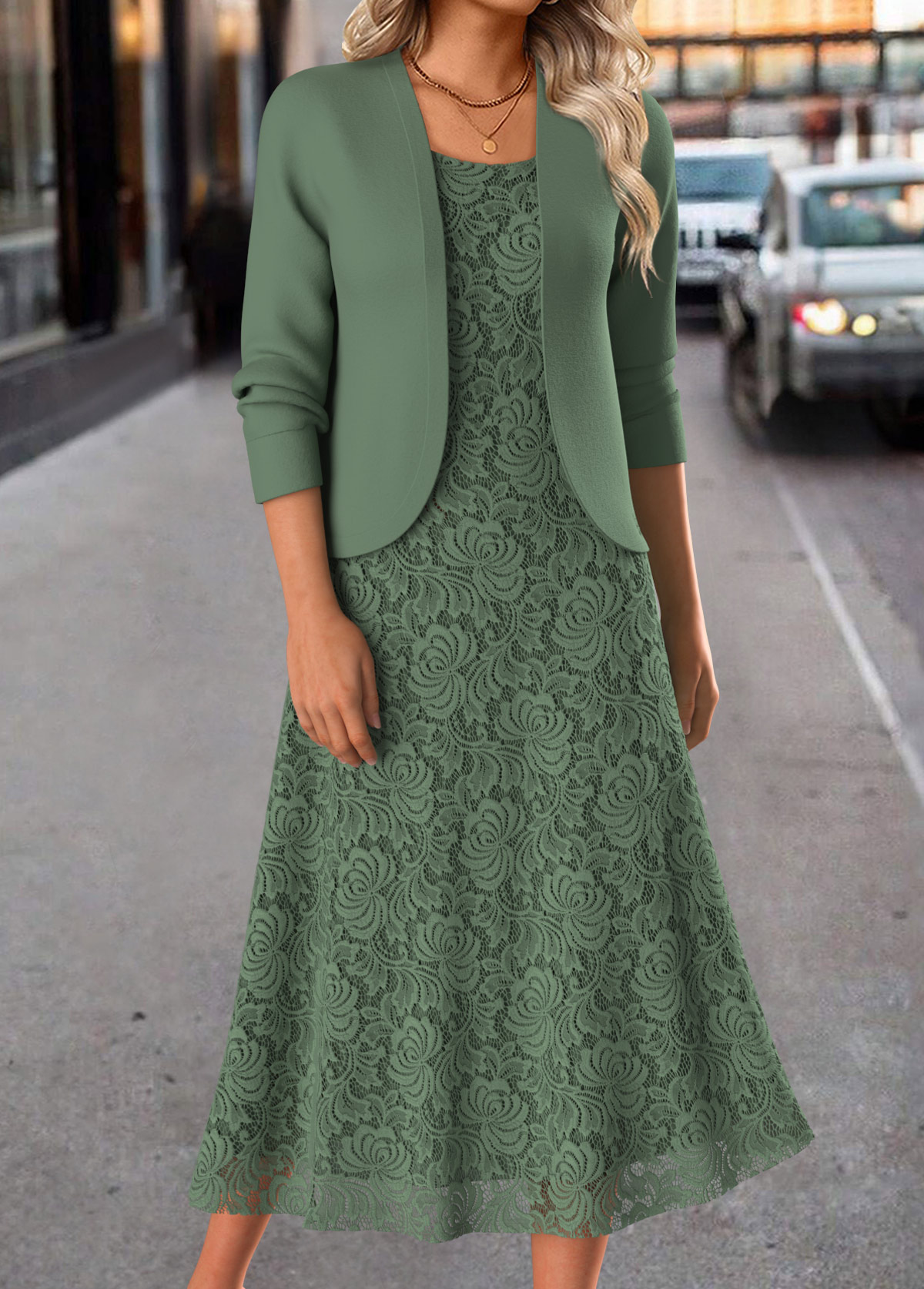 Sage Green Two Piece Lace Dress Tummy Coverage Slimming