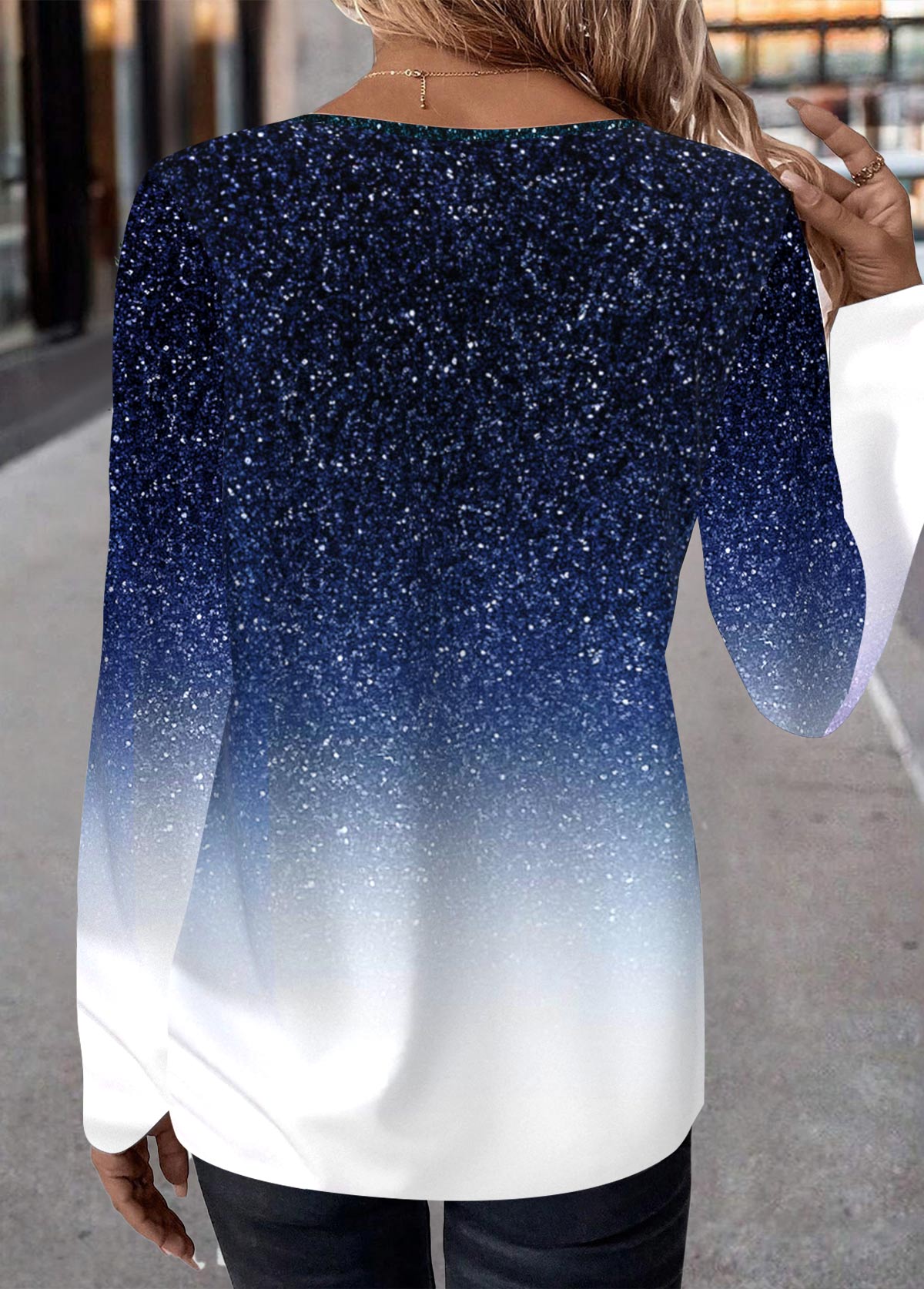 Blue Patchwork Ombre Long Sleeve Round Neck T Shirt | picture 