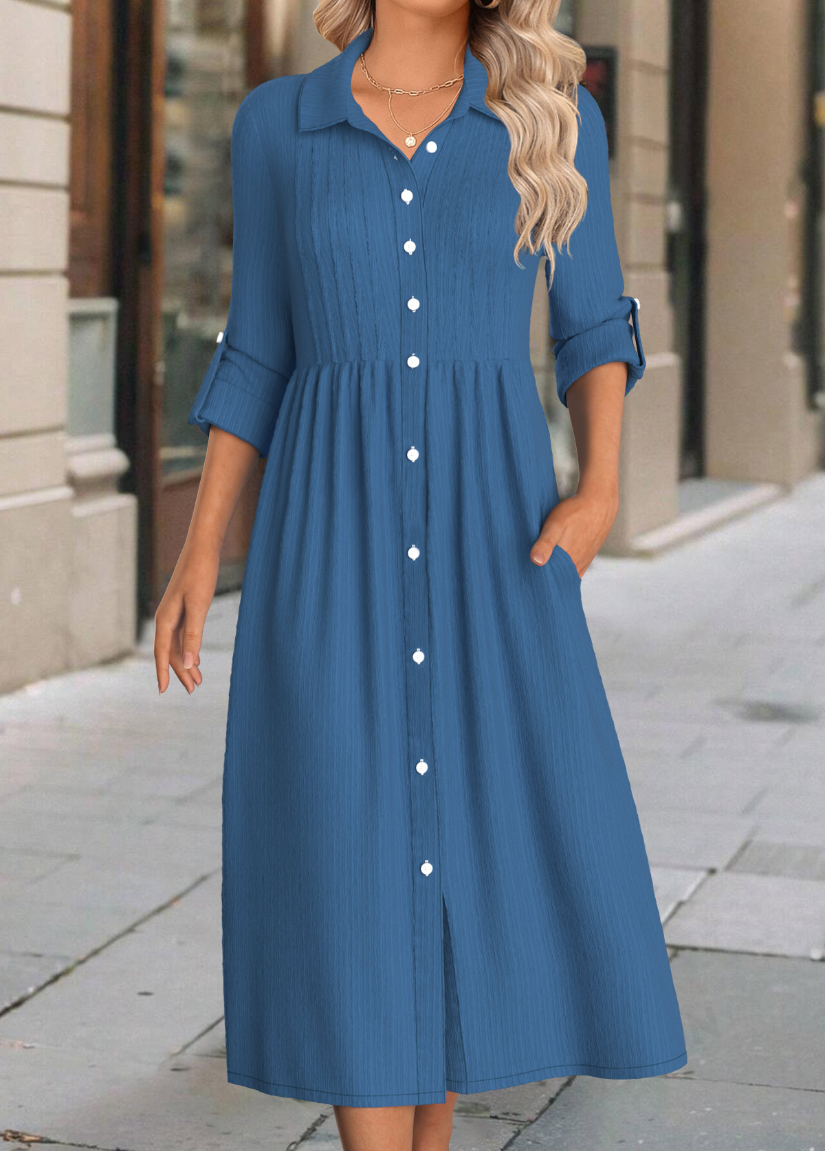 Denim Blue Button Long Sleeve Shirt Collar Dress | picture 