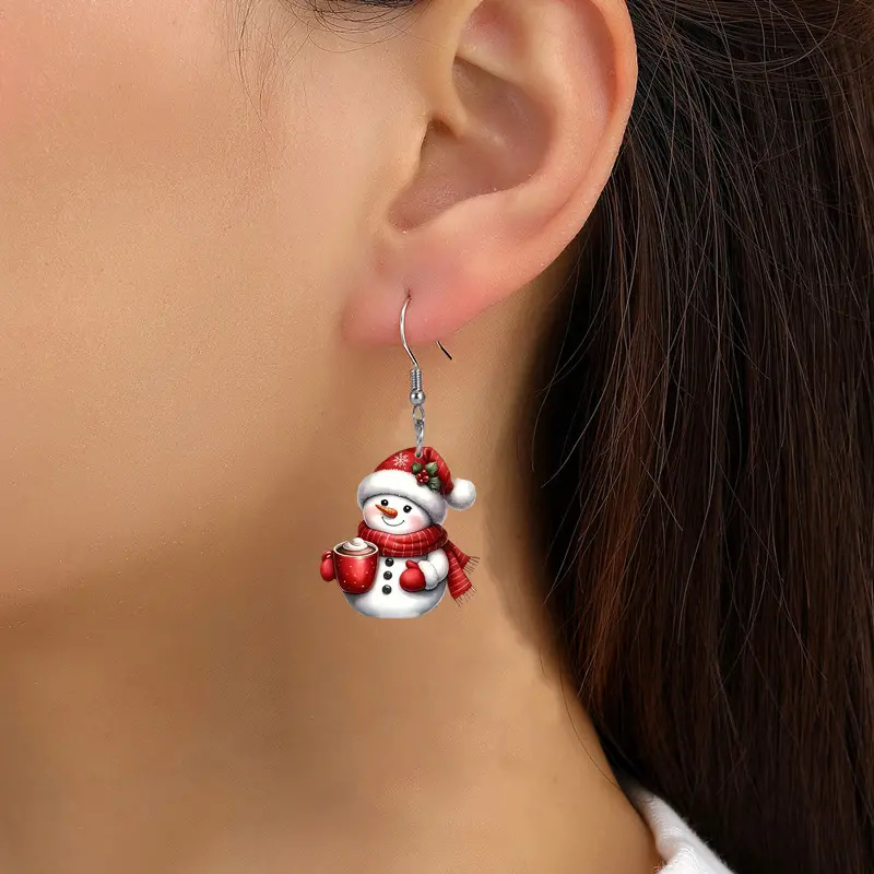 Christmas Snowman Print Red Acrylic Earrings | picture 