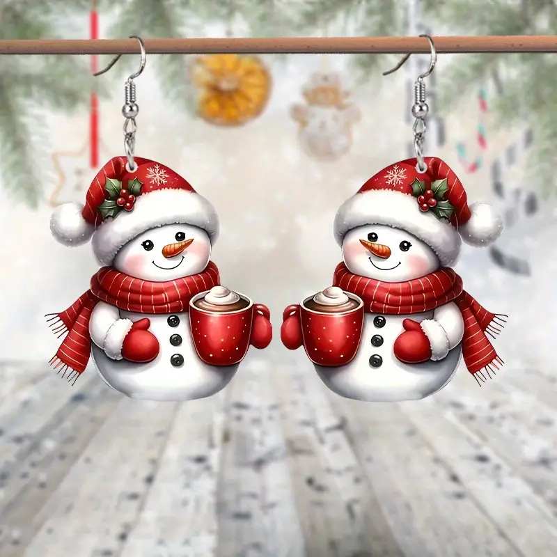 Christmas Snowman Print Red Acrylic Earrings | picture 