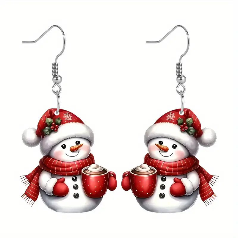 Christmas Snowman Print Red Acrylic Earrings | picture 