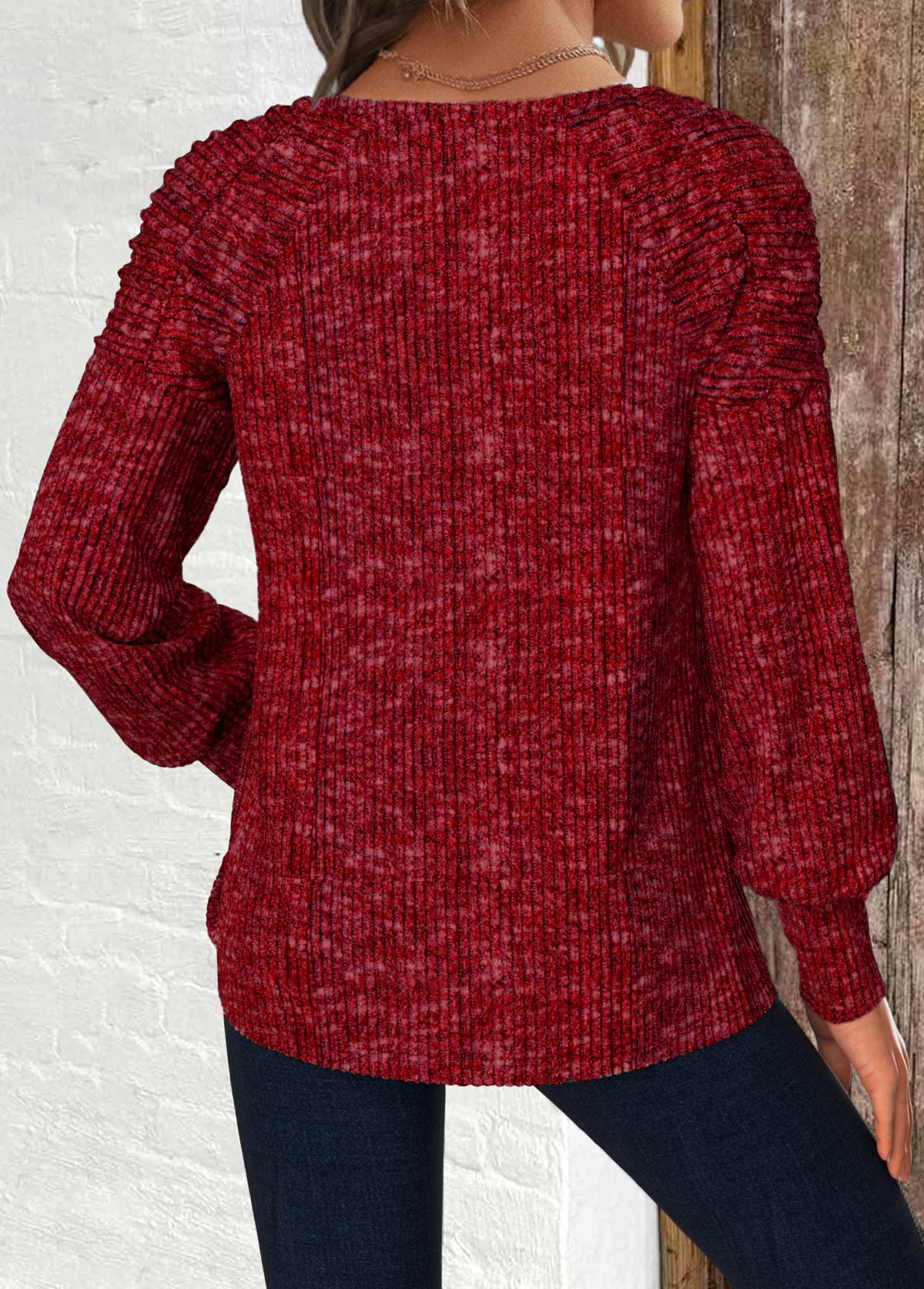 Wine Red Long Sleeve Round Neck T Shirt | picture 