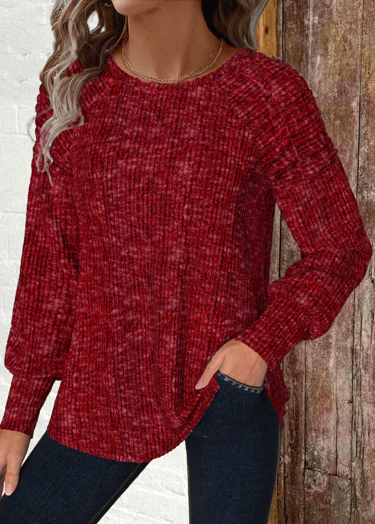 Wine Red Long Sleeve Round Neck T Shirt | picture 