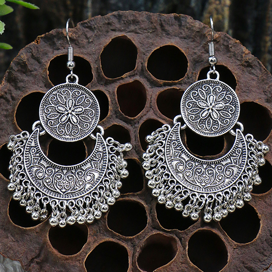 Silver Engraved Geometric Design Alloy Earrings | picture 