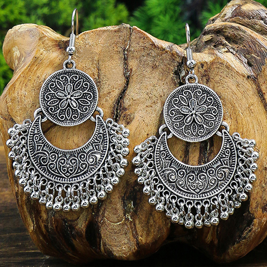Silver Engraved Geometric Design Alloy Earrings | picture 