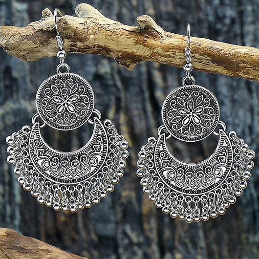 Silver Engraved Geometric Design Alloy Earrings | picture 