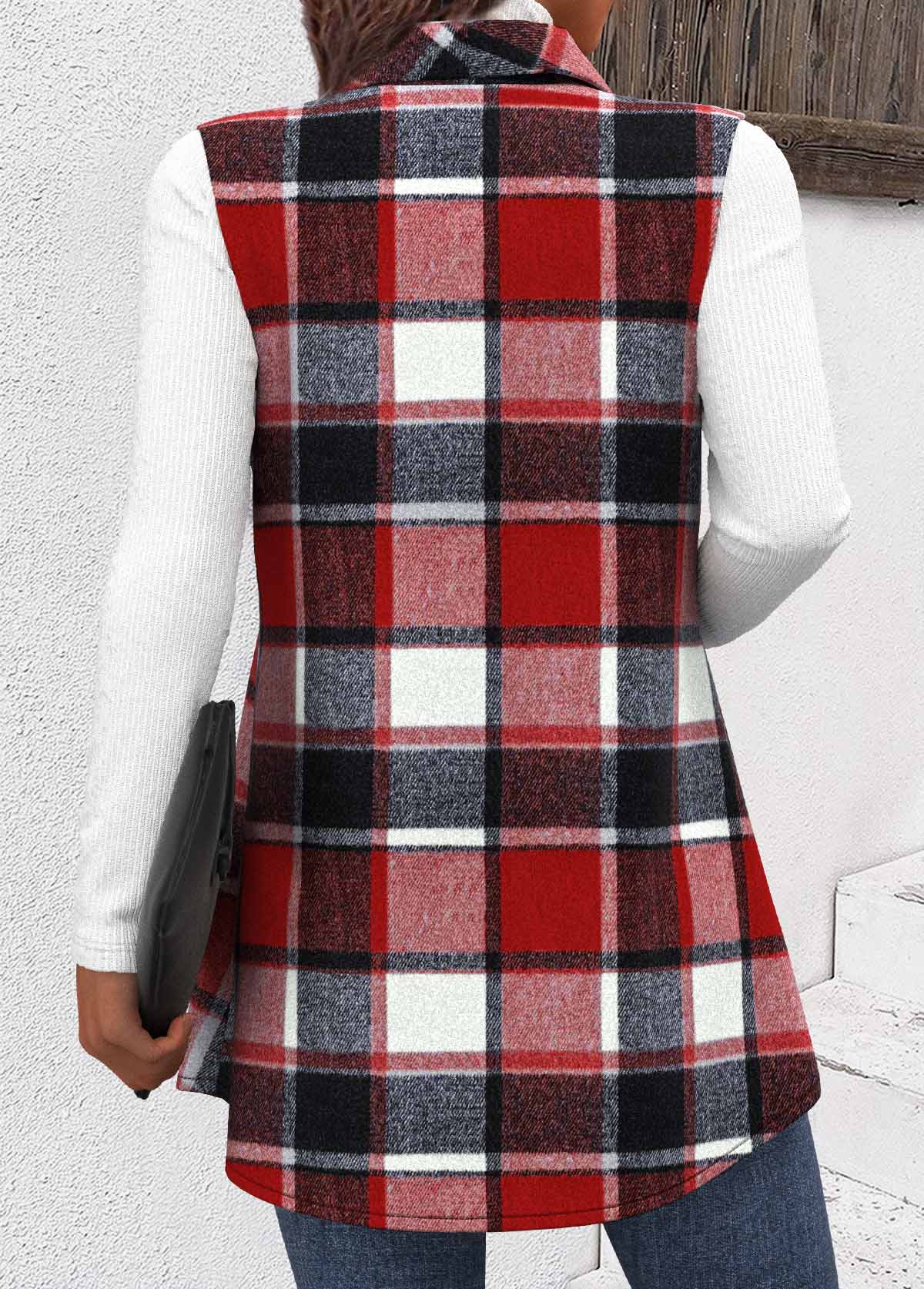 Wine Red Button Plaid Sleeveless Shirt Collar Waistcoat | picture 