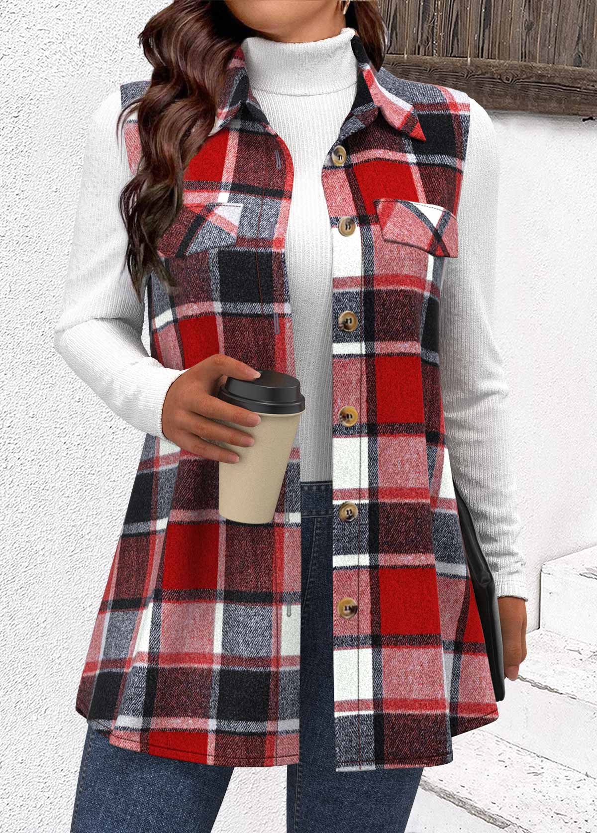Wine Red Button Plaid Sleeveless Shirt Collar Waistcoat | picture 
