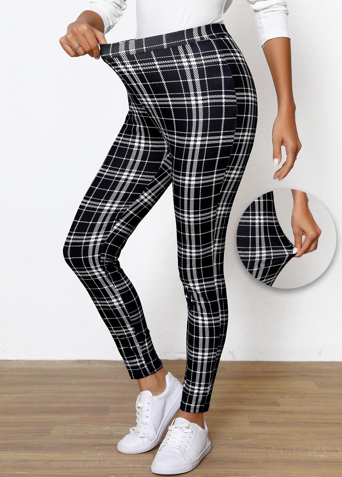 Black Plaid High Waisted Ankle Length Elastic Waist Leggings | picture 