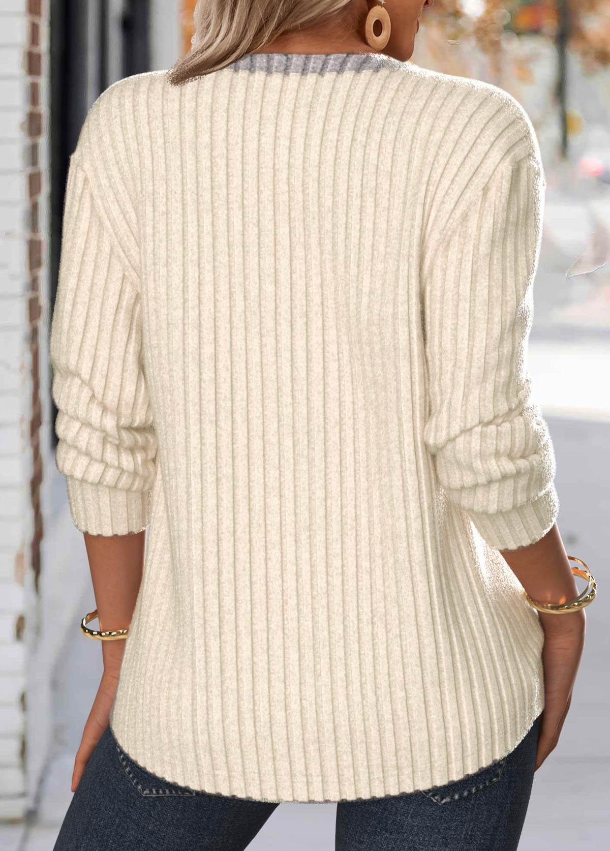 Plus Size Beige Button Long Sleeve Split Neck Sweatshirt | picture 