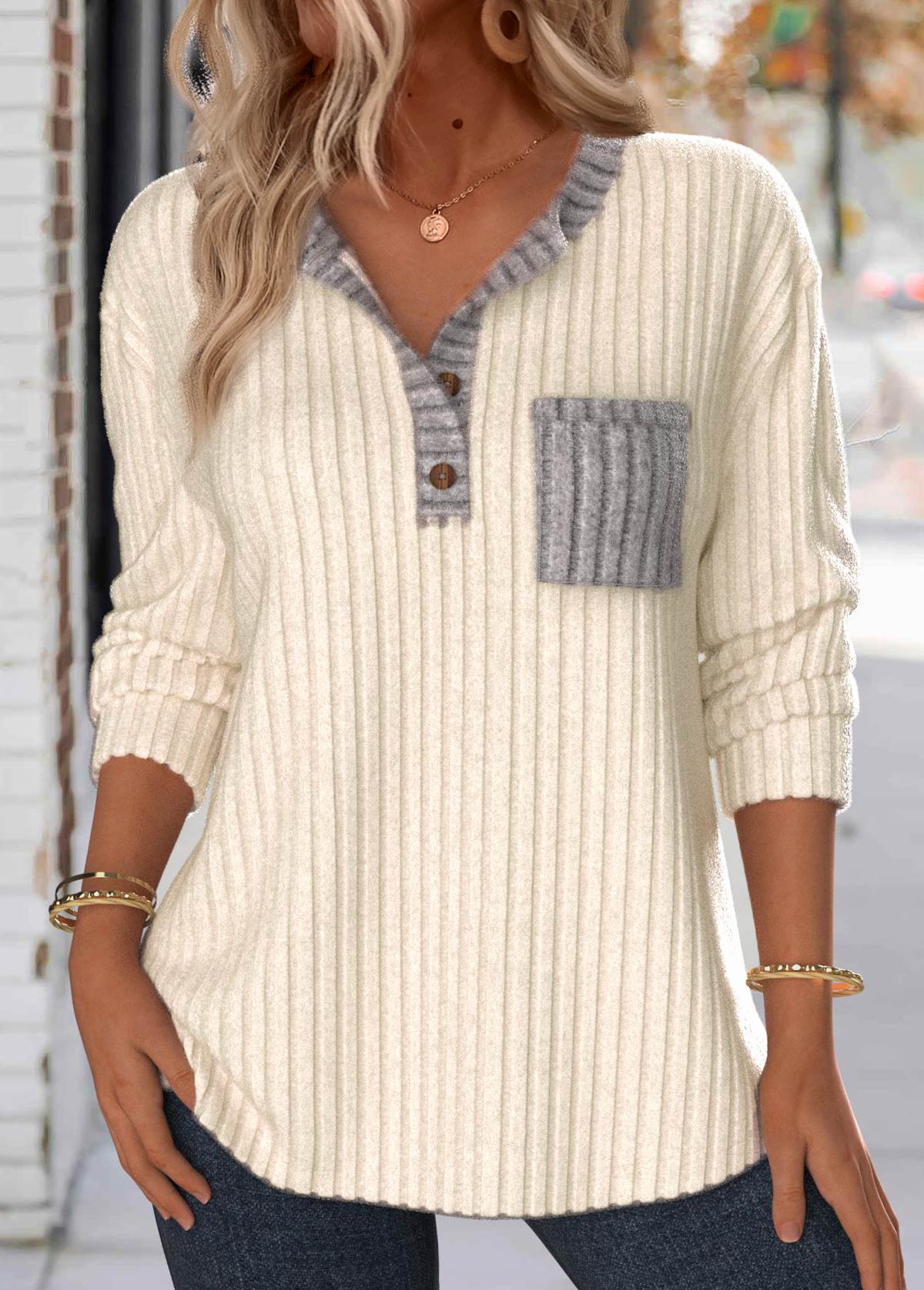 Plus Size Beige Button Long Sleeve Split Neck Sweatshirt | picture 