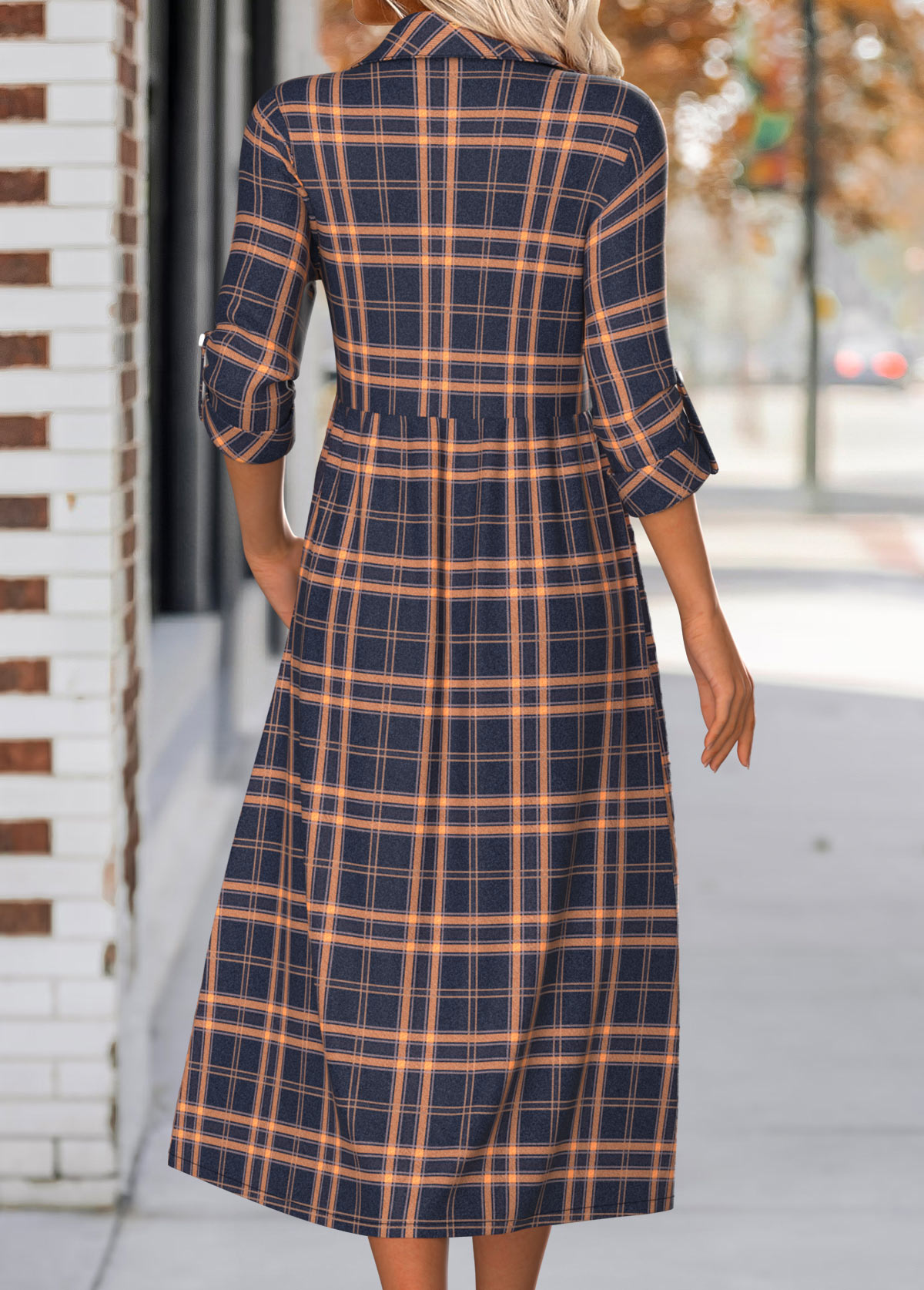 Navy Button Plaid Long Sleeve Shirt Collar Dress | picture 