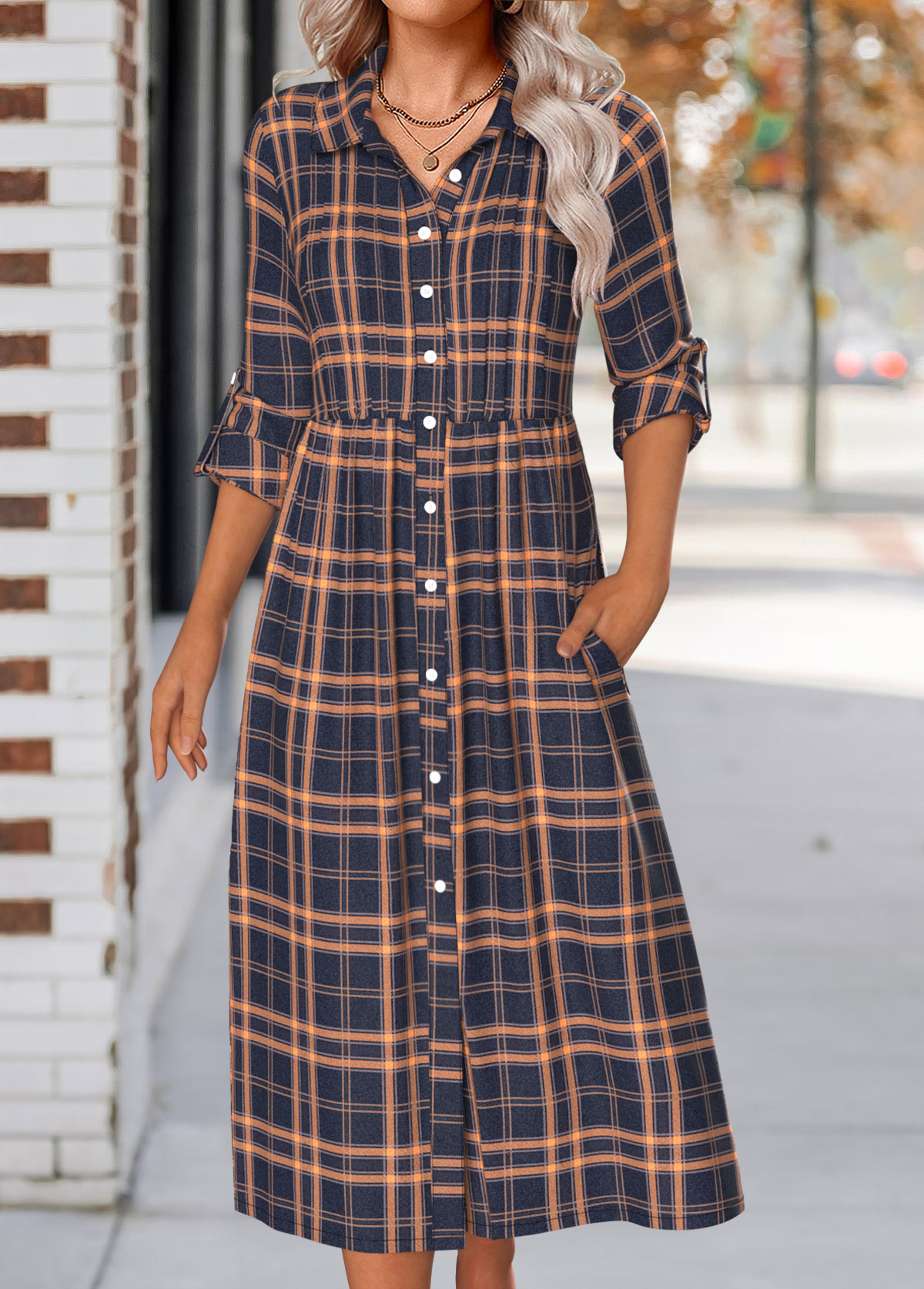 Navy Button Plaid Long Sleeve Shirt Collar Dress | picture 