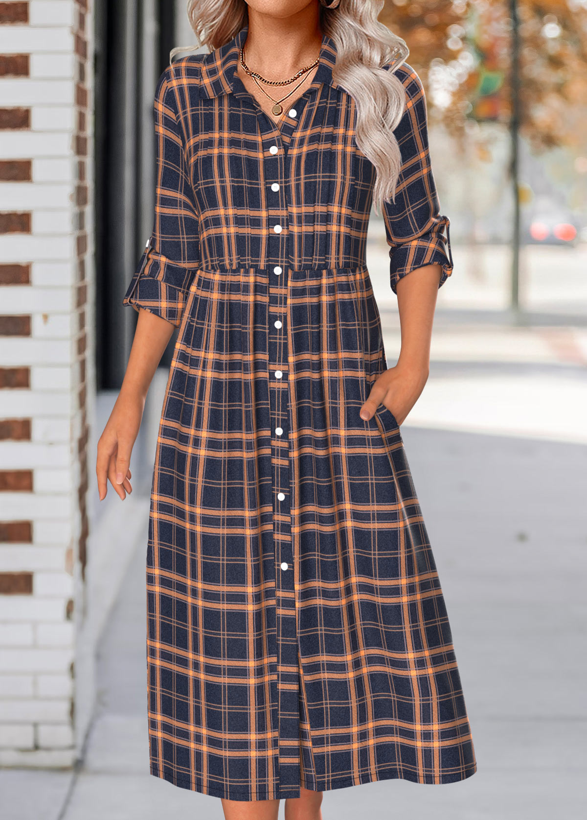 Navy Button Plaid Long Sleeve Shirt Collar Dress | picture 