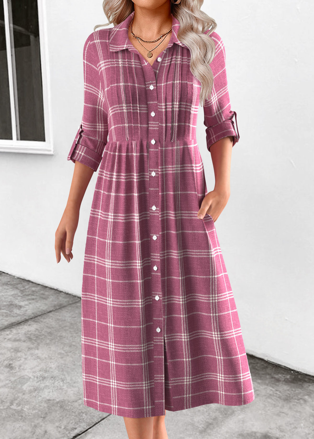 Pink Button Plaid Long Sleeve Shirt Collar Dress | picture 