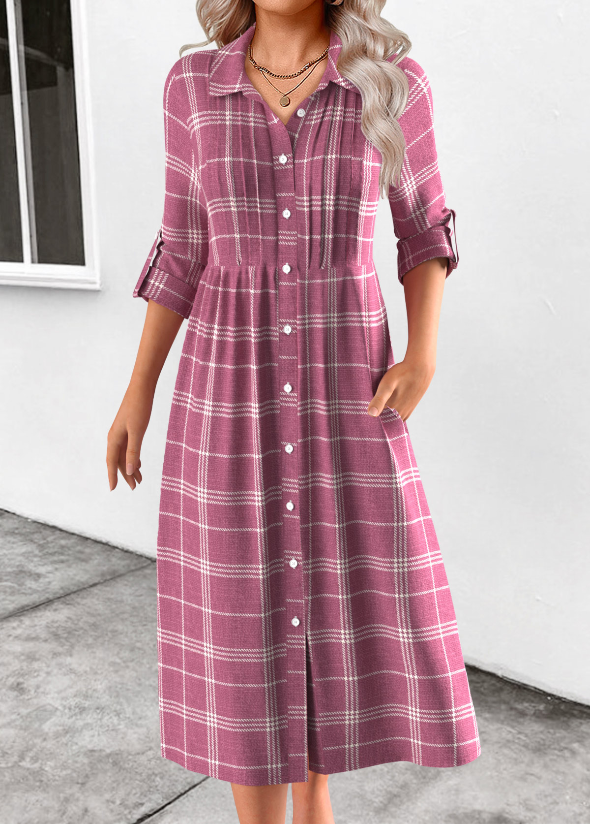 Pink Button Plaid Long Sleeve Shirt Collar Dress | picture 