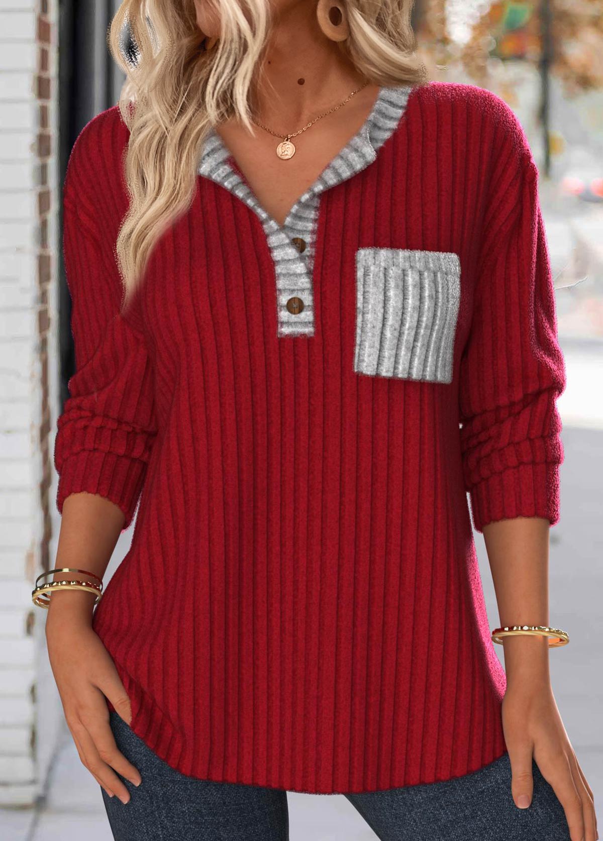 Wine Red Button Long Sleeve Split Neck Sweatshirt USD 29.98