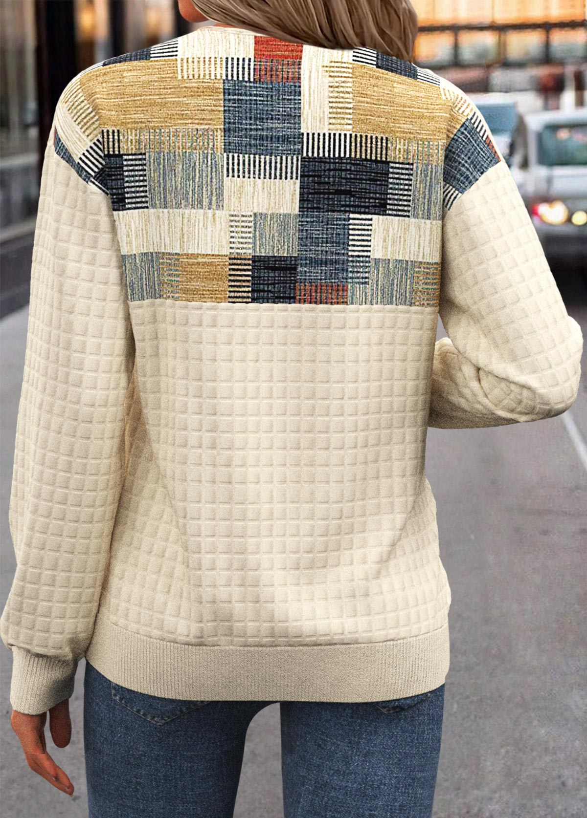 Plus Size Light Yellow Button Geometric Print Sweatshirt | picture 