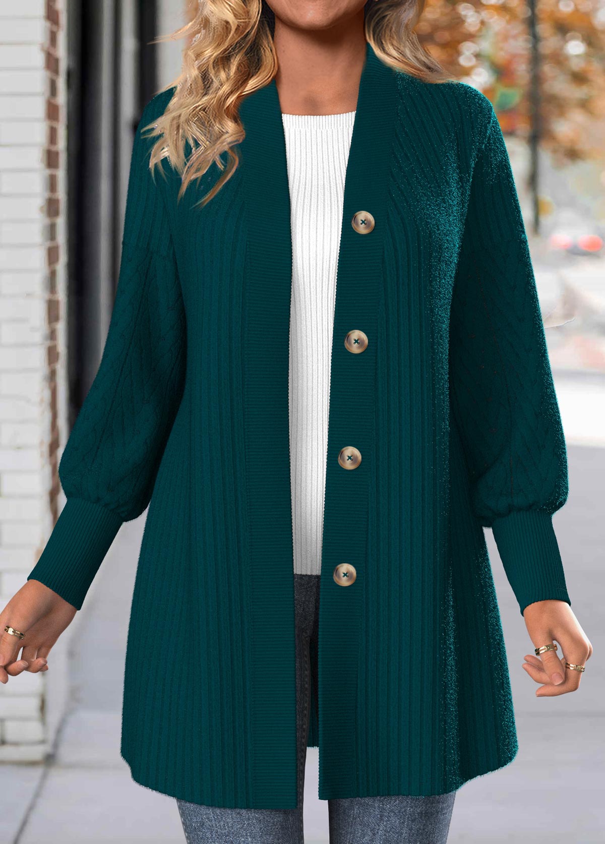 Peacock Blue Button Lace Long Sleeve Coat | picture 