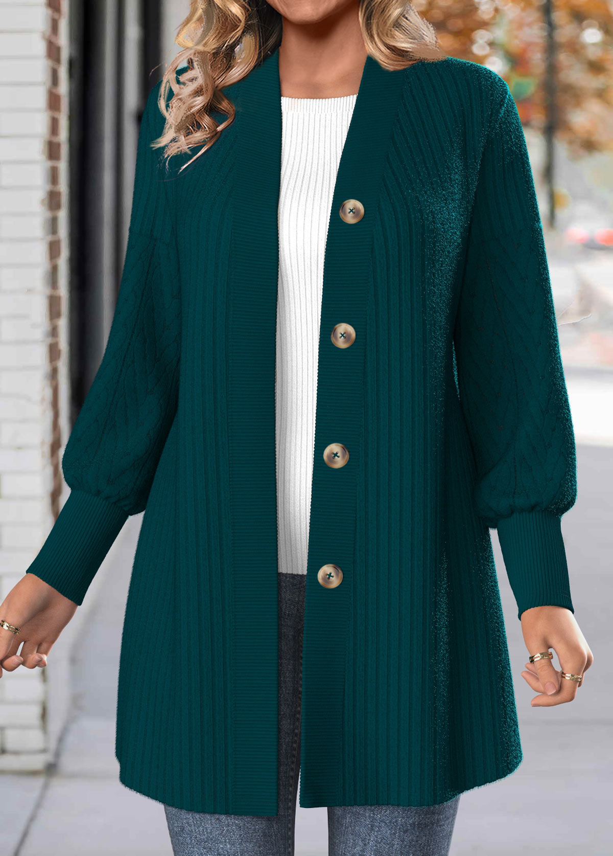 Peacock Blue Button Lace Long Sleeve Coat | picture 