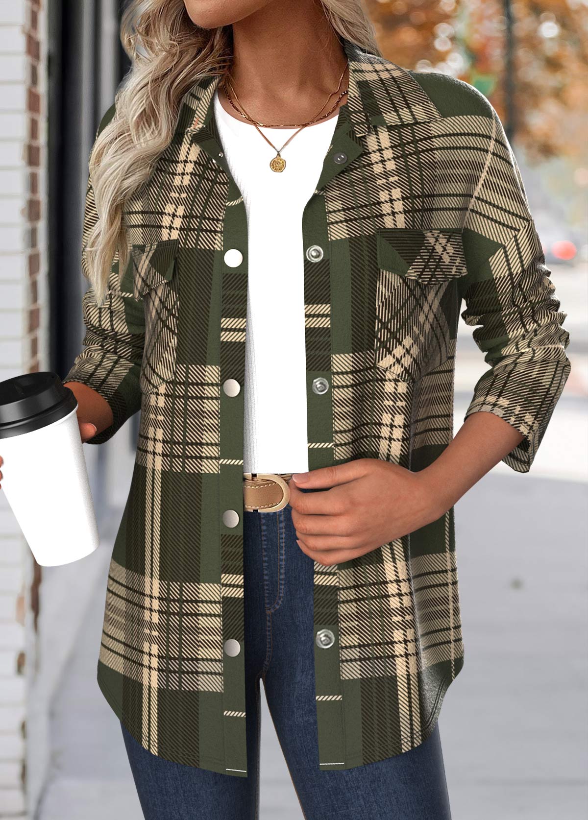 Green Patchwork Plaid Long Sleeve Turn Down Collar Coat | picture 