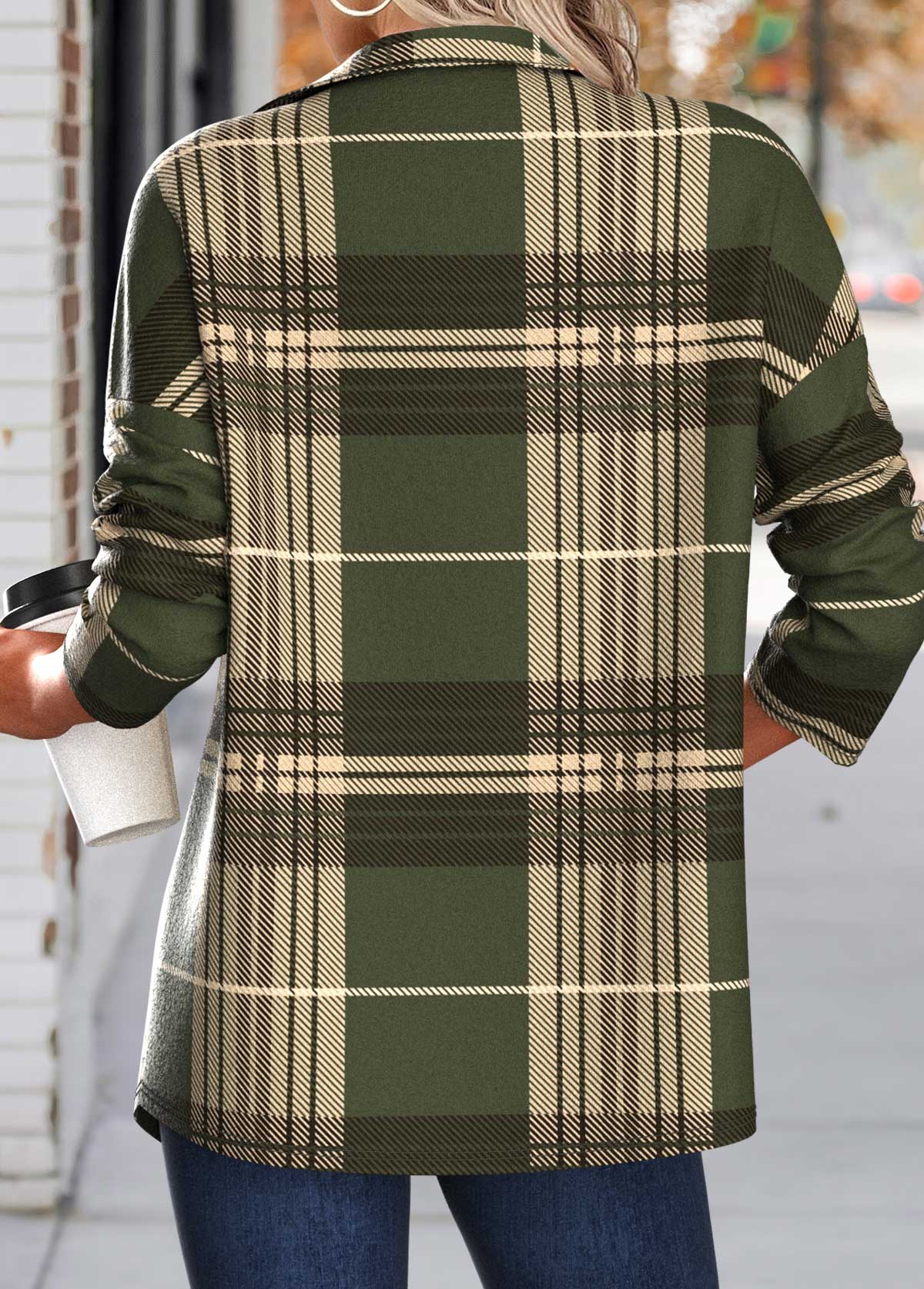 Green Patchwork Plaid Long Sleeve Turn Down Collar Coat | picture 