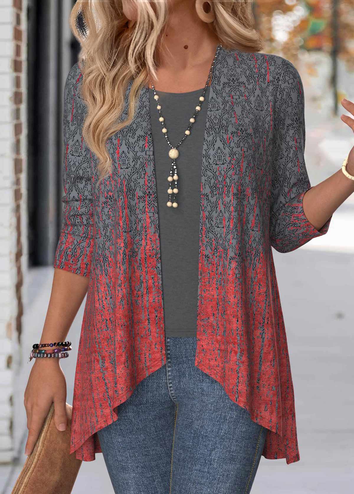 Modlily Dark Grey Ombre Long Sleeve Open Front Coat - XL