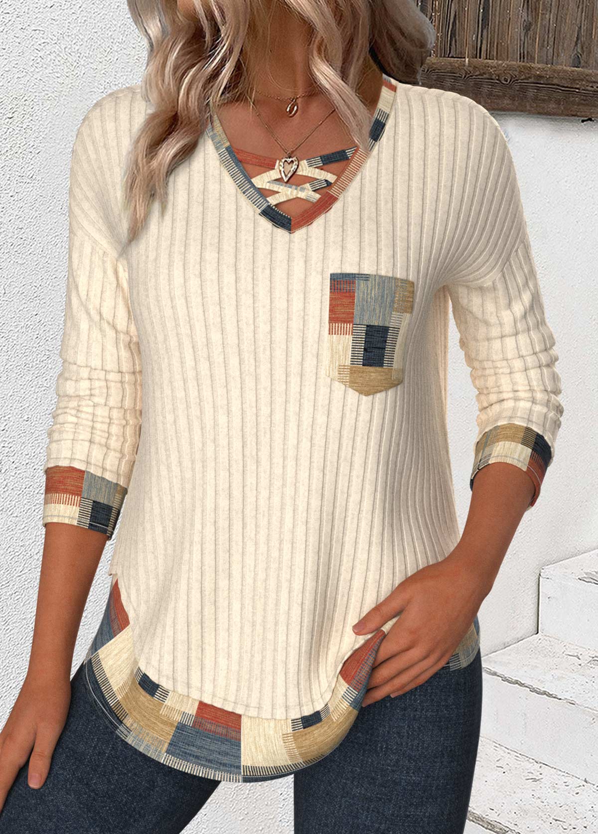 Beige Patchwork Geometric Print Long Sleeve T Shirt | picture 