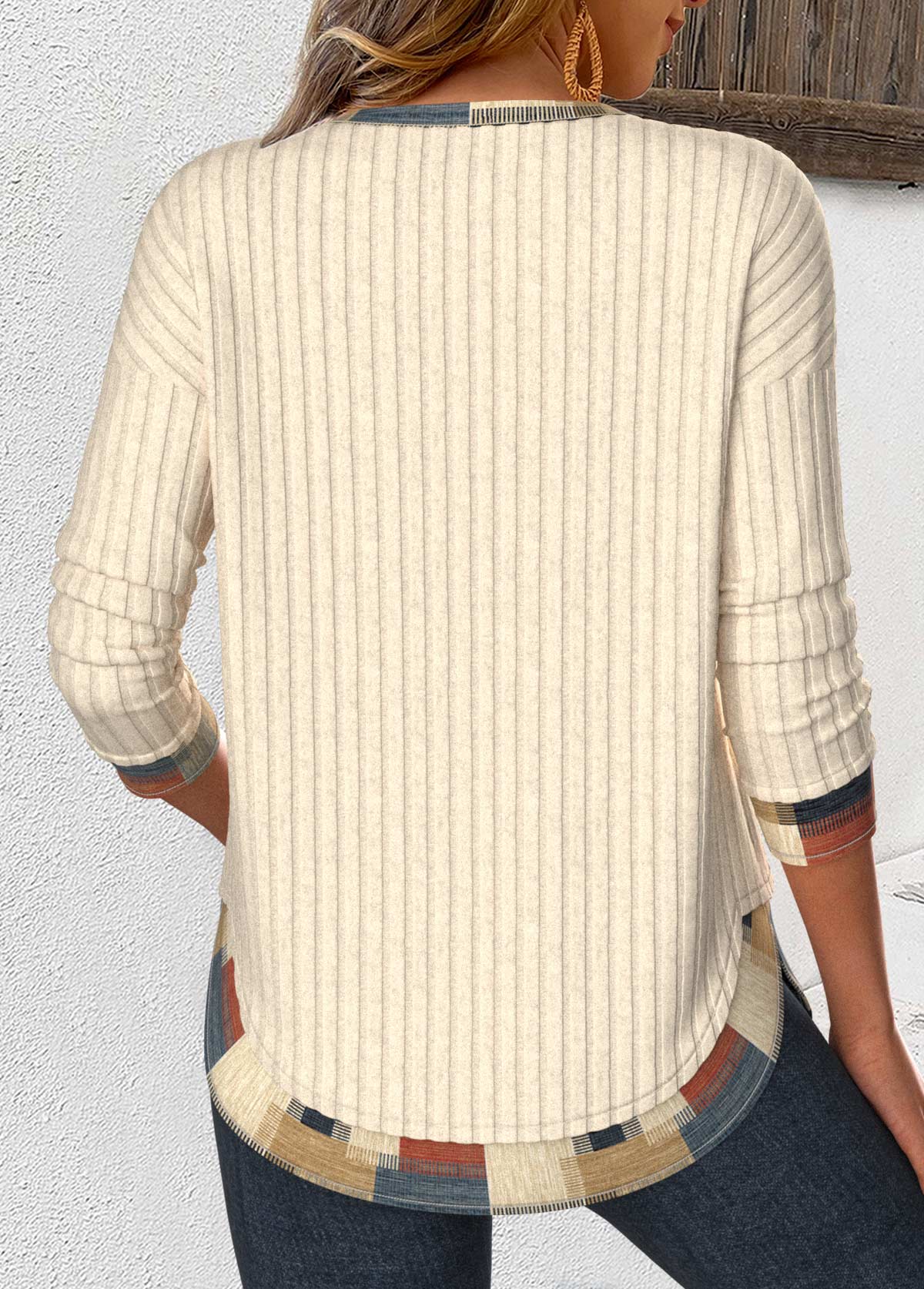 Beige Patchwork Geometric Print Long Sleeve T Shirt | picture 